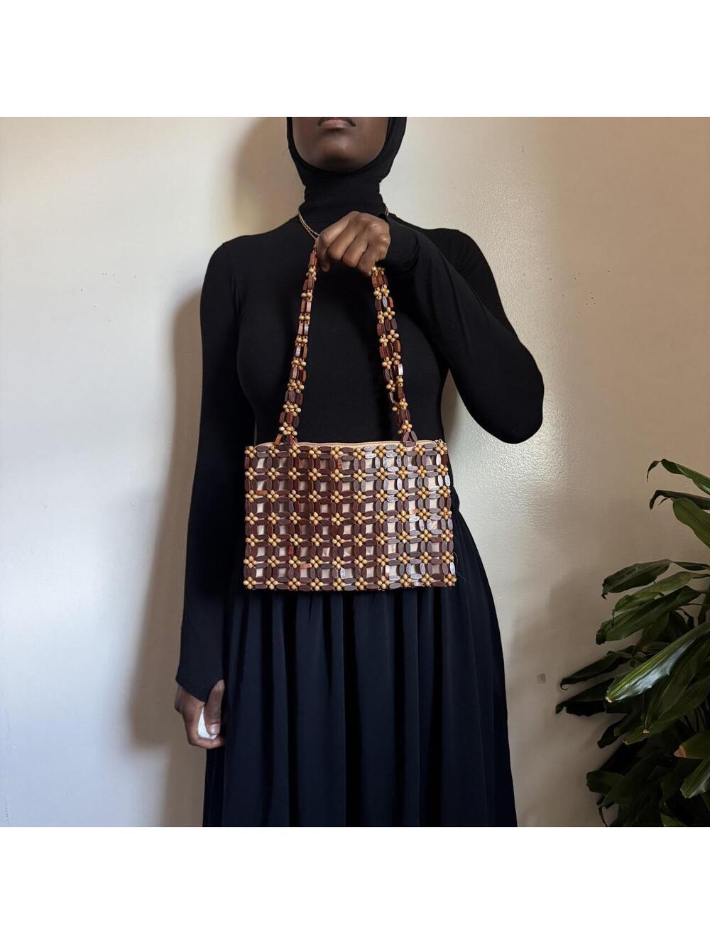 Vintage Handmade Boho Geometric Beaded Wood Shoulder Bag Fully Lined Zip Top - Picture 3 of 4